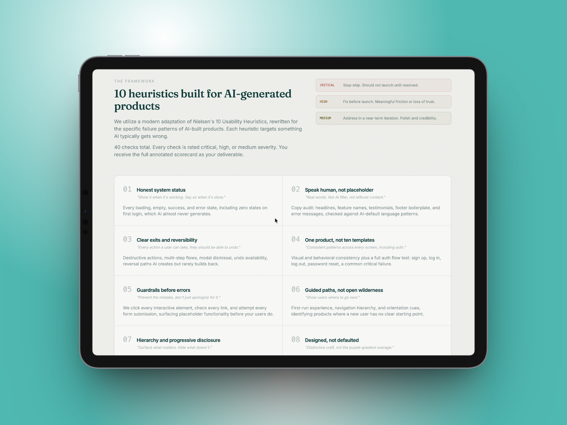 Framework page listing ten heuristics built for AI-generated products