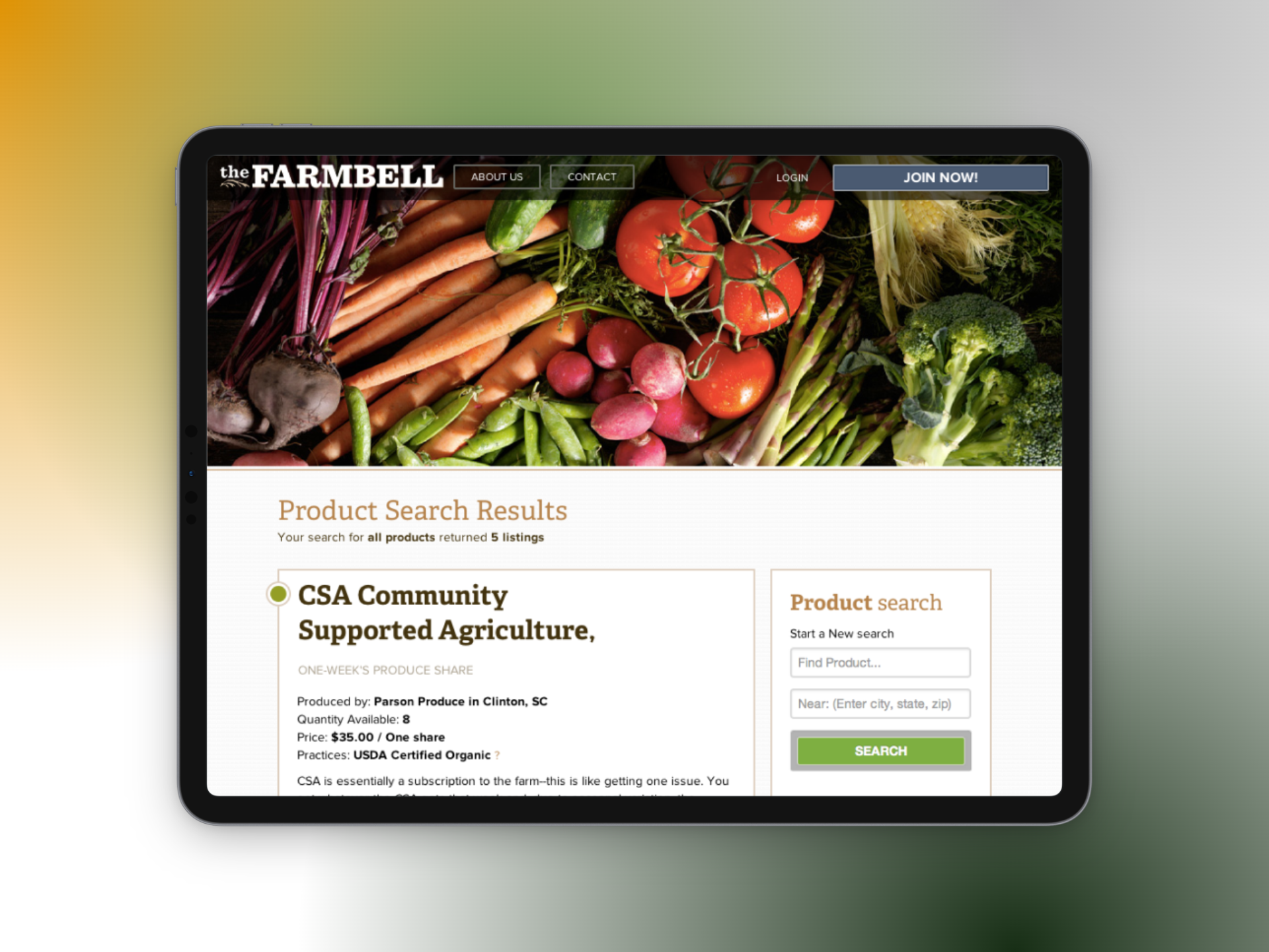 Product search results listing a CSA produce share